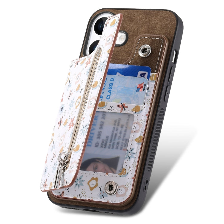 For iPhone 16 Retro Painted Zipper Wallet Back Phone Case(Brown) - iPhone 16 Cases by buy2fix | Online Shopping UK | buy2fix