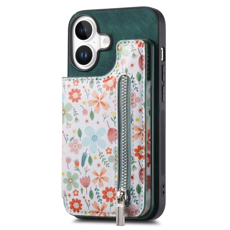 For iPhone 16 Retro Painted Zipper Wallet Back Phone Case(Green) - iPhone 16 Cases by buy2fix | Online Shopping UK | buy2fix