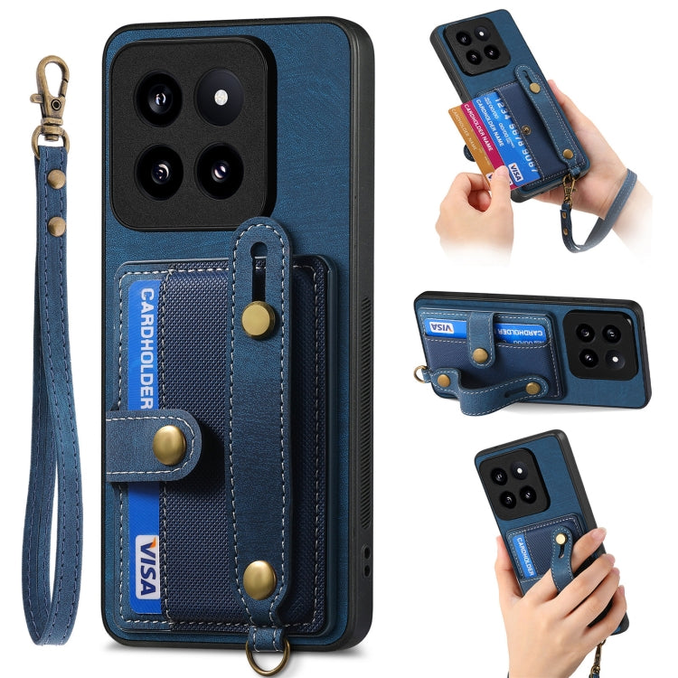 For Xiaomi 14 Pro Retro Cross Wristband Wallet Leather Back Phone Case(Blue) - 14 Pro Cases by buy2fix | Online Shopping UK | buy2fix