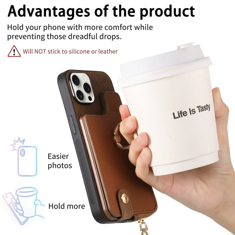 For iPhone 16 Cross Leather Ring Vertical Zipper Wallet Back Phone Case(Brown) - iPhone 16 Cases by buy2fix | Online Shopping UK | buy2fix