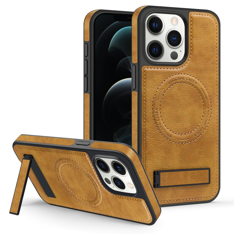 For iPhone 12 Pro Max Multi-function Holder MagSafe PU Phone Case(Brown) - iPhone 12 Pro Max Cases by buy2fix | Online Shopping UK | buy2fix