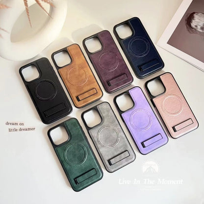 For iPhone 14 Multi-function Holder MagSafe PU Phone Case(Mulberry) - iPhone 14 Cases by buy2fix | Online Shopping UK | buy2fix