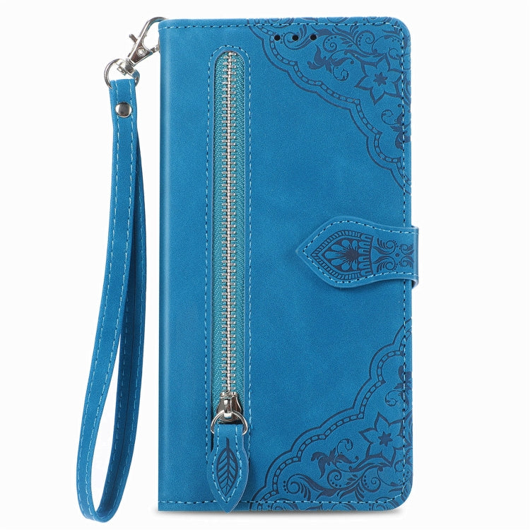 For Blackview A200 Pro Embossed Flower Zipper Leather Phone Case(Blue) - More Brand by buy2fix | Online Shopping UK | buy2fix