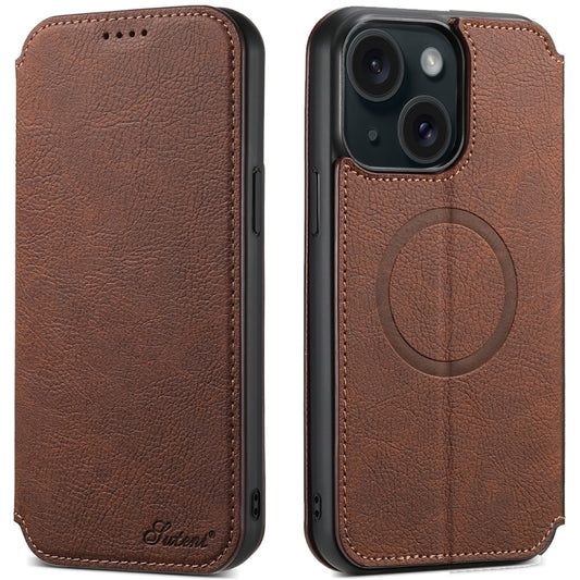 For iPhone 15 Plus Suteni J06 Retro Matte Litchi Texture Leather Magnetic Magsafe Phone Case(Brown) - iPhone 15 Plus Cases by Suteni | Online Shopping UK | buy2fix