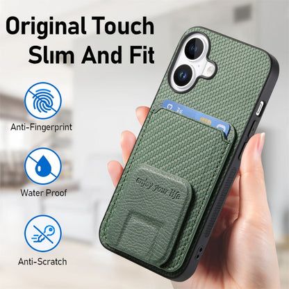 For iPhone 16 Carbon Fiber Card Bag Fold Stand Phone Case(Green) - iPhone 16 Cases by buy2fix | Online Shopping UK | buy2fix