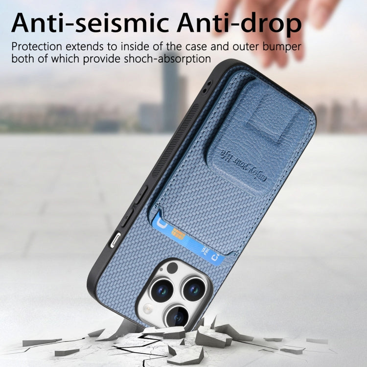 For iPhone 16 Pro Carbon Fiber Card Bag Fold Stand Phone Case(Blue) - iPhone 16 Pro Cases by buy2fix | Online Shopping UK | buy2fix