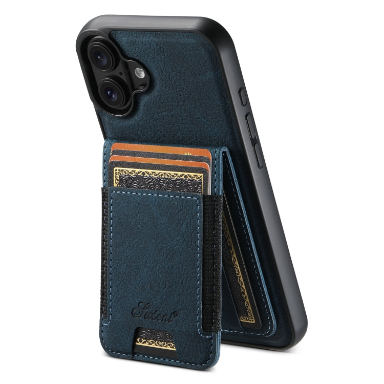 For iPhone 16 Suteni H17 Litchi Texture Leather MagSafe Detachable Wallet Phone Case(Blue) - iPhone 16 Cases by Suteni | Online Shopping UK | buy2fix