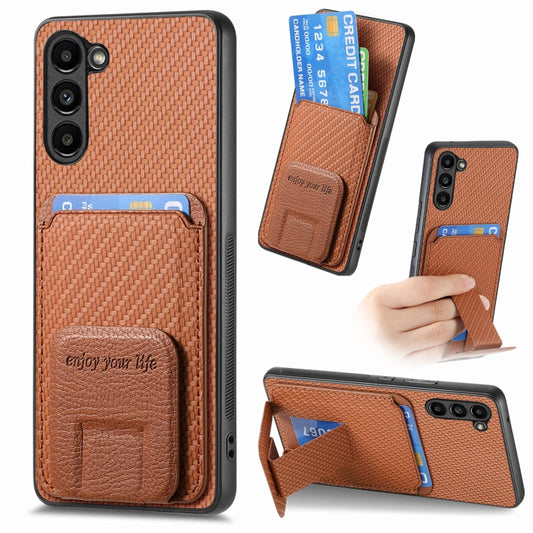 For Samsung Galaxy S21+ 5G Carbon Fiber Card Bag Fold Stand Phone Case(Brown) - Galaxy S21+ 5G Cases by buy2fix | Online Shopping UK | buy2fix