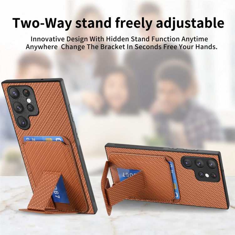 For Samsung Galaxy S21+ 5G Carbon Fiber Card Bag Fold Stand Phone Case(Brown) - Galaxy S21+ 5G Cases by buy2fix | Online Shopping UK | buy2fix