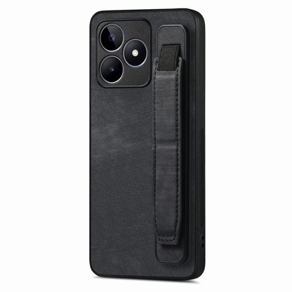 For Realme C53 Retro Wristband Holder Leather Back Phone Case(Black) - Realme Cases by buy2fix | Online Shopping UK | buy2fix