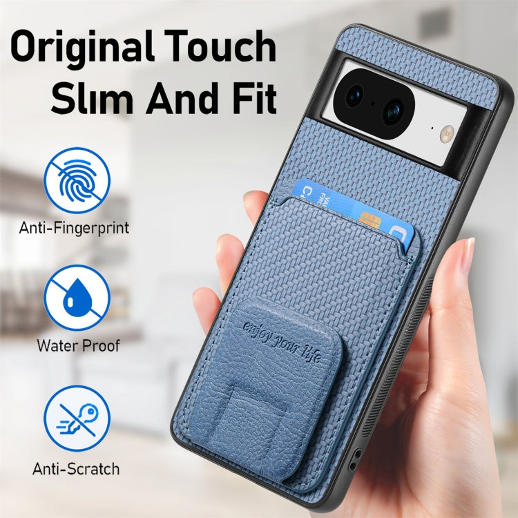 For Google Pixel 7a Carbon Fiber Card Bag Fold Stand Phone Case(Blue) - Google Cases by buy2fix | Online Shopping UK | buy2fix