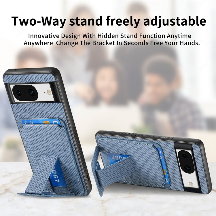 For Google Pixel 8 Carbon Fiber Card Bag Fold Stand Phone Case(Blue) - Google Cases by buy2fix | Online Shopping UK | buy2fix