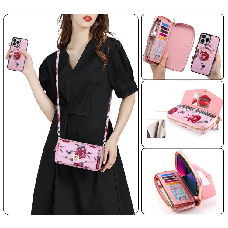 For iPhone 13 MagSafe Flower Multi-functional Crossbody Zipper Wallet Leather Phone Case(Pink) - iPhone 13 Cases by buy2fix | Online Shopping UK | buy2fix