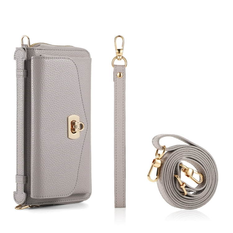 For iPhone 14 MagSafe Crossbody Multi-functional Zipper Wallet Litchi Leather Phone Case(Grey) - iPhone 14 Cases by buy2fix | Online Shopping UK | buy2fix