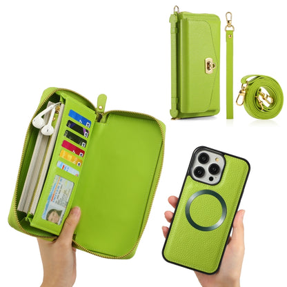 For iPhone 14 Pro Max MagSafe Crossbody Multi-functional Zipper Wallet Litchi Leather Phone Case(Green) - iPhone 14 Pro Max Cases by buy2fix | Online Shopping UK | buy2fix