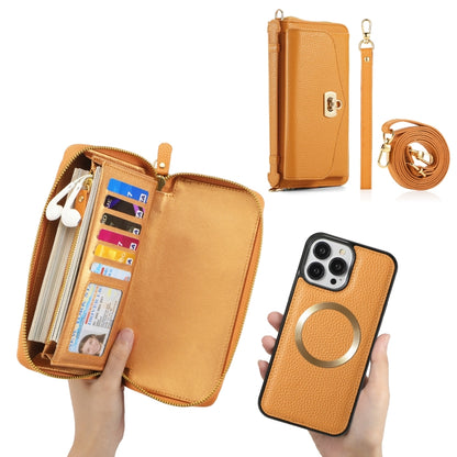 For iPhone 13 MagSafe Crossbody Multi-functional Zipper Wallet Litchi Leather Phone Case(Orange) - iPhone 13 Cases by buy2fix | Online Shopping UK | buy2fix