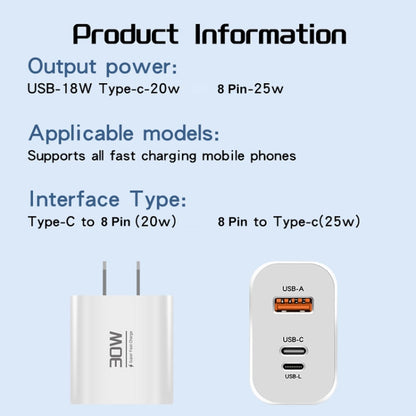 PD30W USB-C / Type-C + 8 Pin + USB Charger with Double Headed Type-C Data Cable(US Plug) - USB Charger by buy2fix | Online Shopping UK | buy2fix