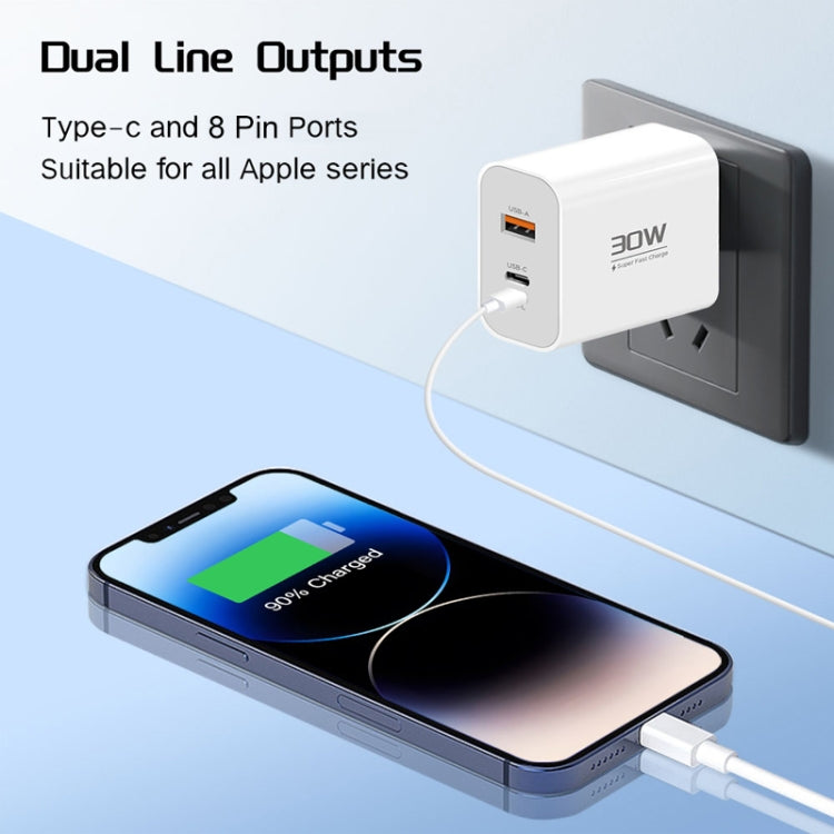 PD30W USB-C / Type-C + 8 Pin + USB Charger with Double Headed Type-C Data Cable(US Plug) - USB Charger by buy2fix | Online Shopping UK | buy2fix