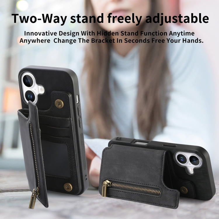 For iPhone 16 Retro Leather Zipper Wallet Back Phone Case(Black) - More iPhone Cases by buy2fix | Online Shopping UK | buy2fix