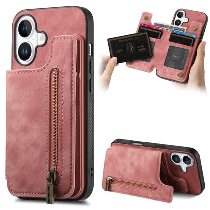 For iPhone 16 Plus Retro Leather Zipper Wallet Back Phone Case(Pink) - More iPhone Cases by buy2fix | Online Shopping UK | buy2fix