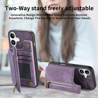 For iPhone 16 Plus Retro Leather Zipper Wallet Back Phone Case(Purple) - More iPhone Cases by buy2fix | Online Shopping UK | buy2fix