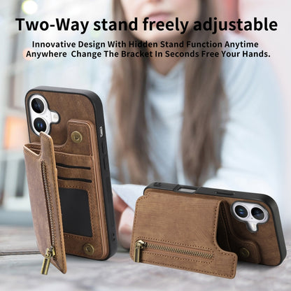 For iPhone 16 Plus Retro Leather Zipper Wallet Back Phone Case(Brown) - More iPhone Cases by buy2fix | Online Shopping UK | buy2fix