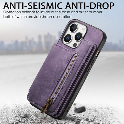 For iPhone 16 Pro Retro Leather Zipper Wallet Back Phone Case(Purple) - More iPhone Cases by buy2fix | Online Shopping UK | buy2fix