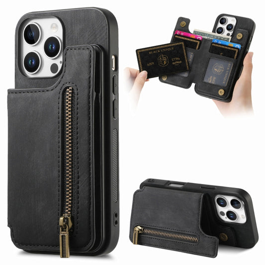 For iPhone 16 Pro Retro Leather Zipper Wallet Back Phone Case(Black) - More iPhone Cases by buy2fix | Online Shopping UK | buy2fix