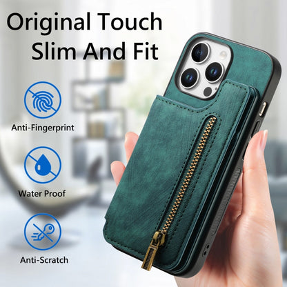 For iPhone 16 Pro Retro Leather Zipper Wallet Back Phone Case(Green) - More iPhone Cases by buy2fix | Online Shopping UK | buy2fix