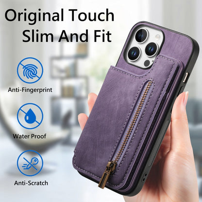 For iPhone 16 Pro Max Retro Leather Zipper Wallet Back Phone Case(Purple) - More iPhone Cases by buy2fix | Online Shopping UK | buy2fix