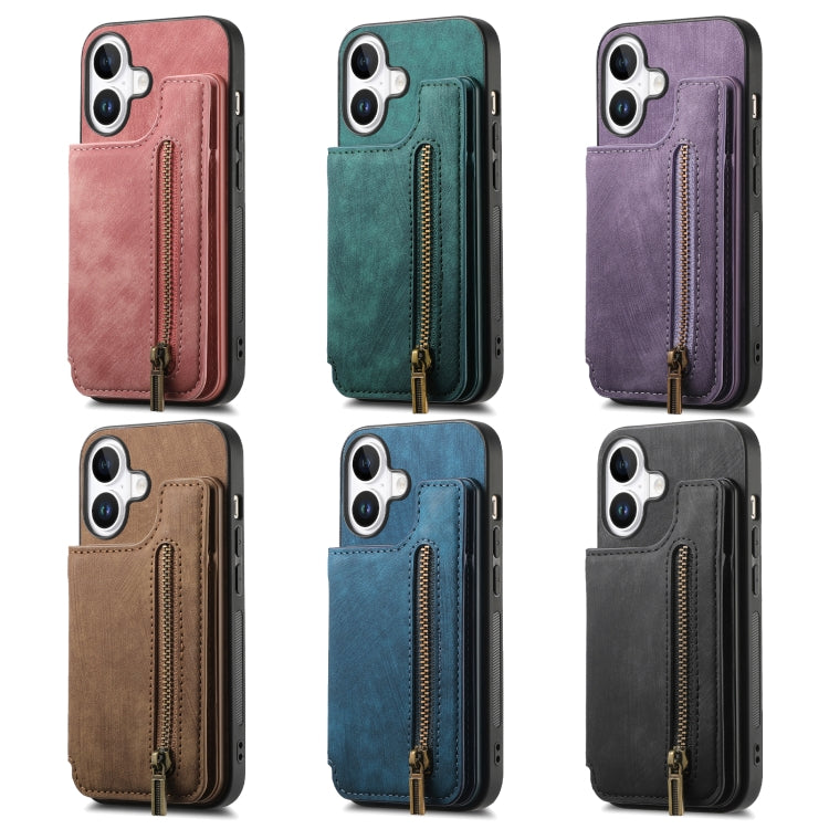 For iPhone 16 Plus Retro Leather Zipper Wallet Back Phone Case(Purple) - More iPhone Cases by buy2fix | Online Shopping UK | buy2fix