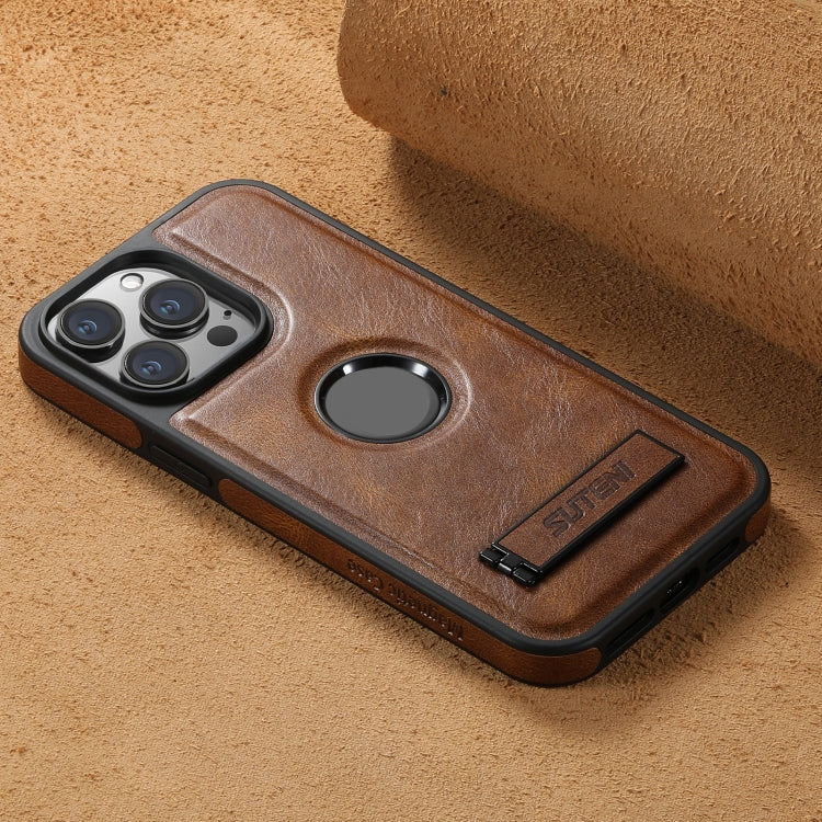 For iPhone 14 Pro Max Suteni G2 Magsafe Oil Wax Leather Back Phone Case with Holder(Brown) - iPhone 14 Pro Max Cases by Suteni | Online Shopping UK | buy2fix