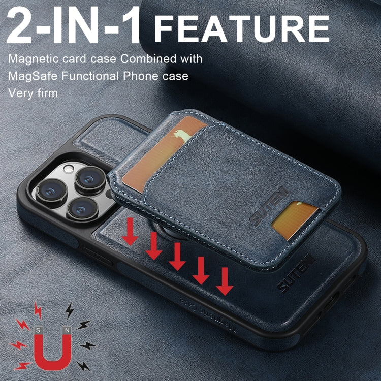 For iPhone 16 Suteni M2 Oil Wax MagSafe Horizontal Card Bag Phone Case(Blue) - iPhone 16 Cases by Suteni | Online Shopping UK | buy2fix