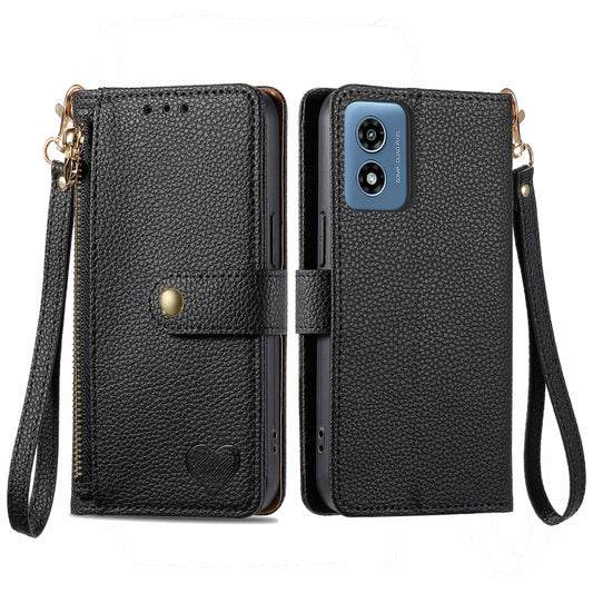 For Motorola Moto G Play 2024 Love Zipper Lanyard Leather Phone Case(Black) - Motorola Cases by buy2fix | Online Shopping UK | buy2fix