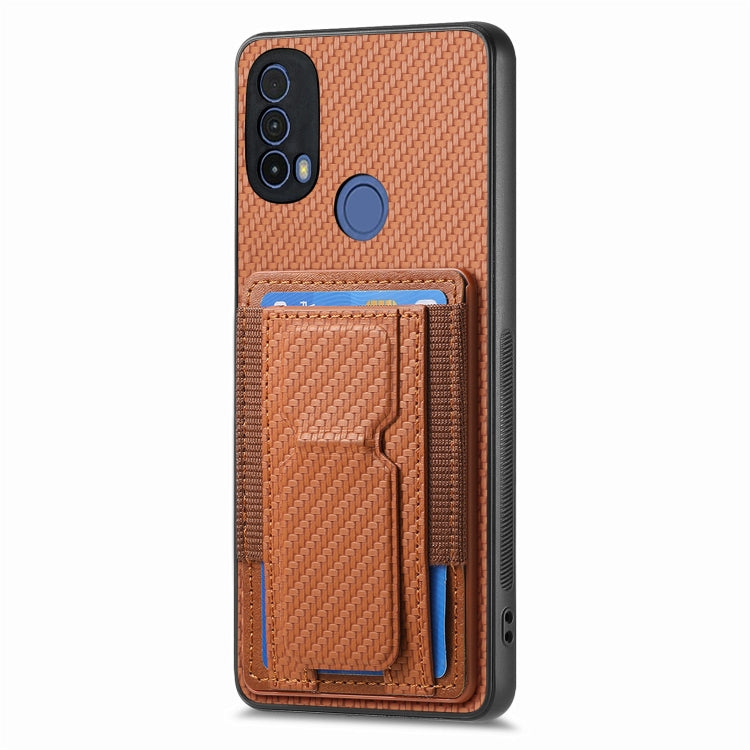 For Motorola Moto G 5G 2024 4G Carbon Fiber Fold Stand Elastic Card Bag Phone Case(Brown) - Motorola Cases by buy2fix | Online Shopping UK | buy2fix