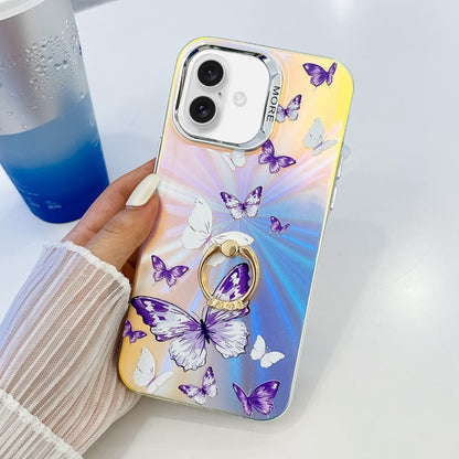 For iPhone 16 Plus Electroplating Laser Butterfly Ring Holder Phone Case(White Purple Butterflies AB6) - iPhone 16 Plus Cases by buy2fix | Online Shopping UK | buy2fix