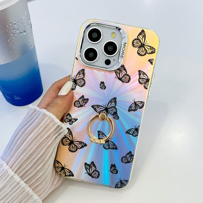 For iPhone 16 Pro Electroplating Laser Butterfly Ring Holder Phone Case(Purple Butterflies AB3) - iPhone 16 Pro Cases by buy2fix | Online Shopping UK | buy2fix