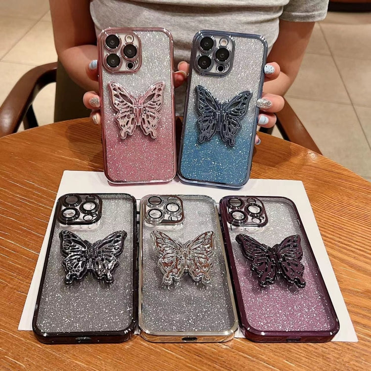 For iPhone 16 Electroplated Gradient Glitter 3D Butterfly TPU Phone Case(Gradient Silver) - iPhone 16 Cases by buy2fix | Online Shopping UK | buy2fix