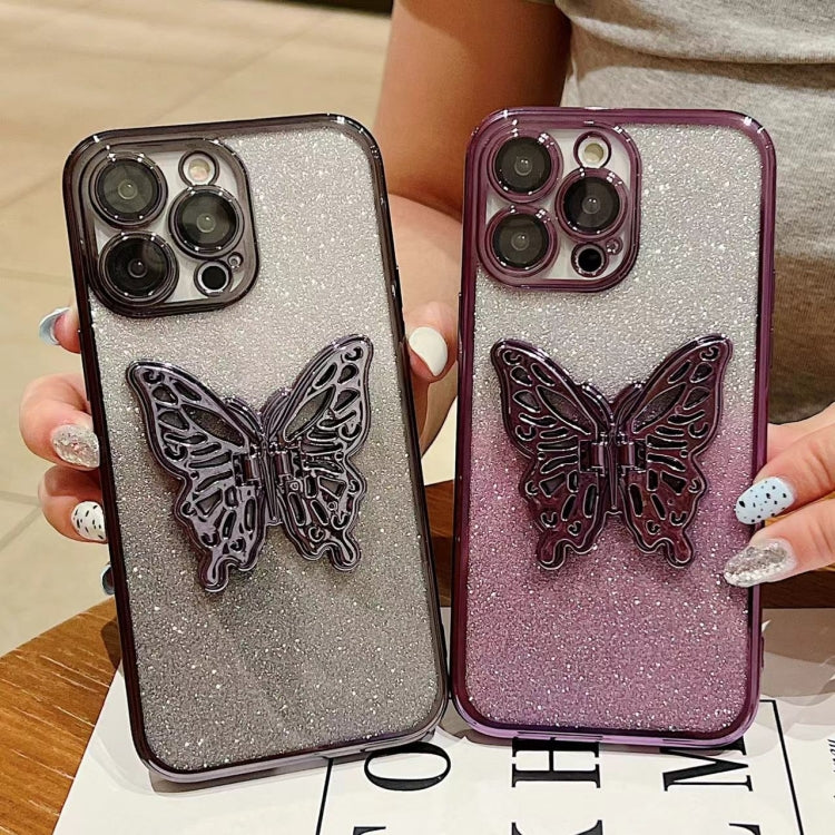 For iPhone 16 Plus Electroplated Gradient Glitter 3D Butterfly TPU Phone Case(Gradient Black) - iPhone 16 Plus Cases by buy2fix | Online Shopping UK | buy2fix