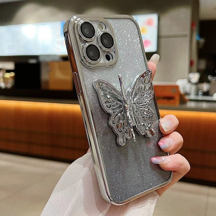 For iPhone 16 Electroplated Gradient Glitter 3D Butterfly TPU Phone Case(Gradient Silver) - iPhone 16 Cases by buy2fix | Online Shopping UK | buy2fix