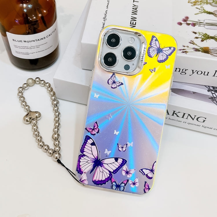 For iPhone 16 Pro Electroplating Laser Butterfly Phone Case with Wrist Strap(Purple Butterflies AB3) - iPhone 16 Pro Cases by buy2fix | Online Shopping UK | buy2fix