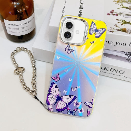 For iPhone 16 Electroplating Laser Butterfly Phone Case with Wrist Strap(Purple Butterflies AB3) - iPhone 16 Cases by buy2fix | Online Shopping UK | buy2fix