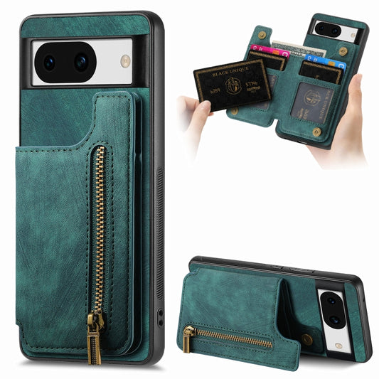 For Google Pixel 9 / 9 Pro Retro Leather Zipper Wallet Back Phone Case(Green) - Google Cases by buy2fix | Online Shopping UK | buy2fix