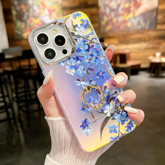 For iPhone 16 Pro Max Electroplating Laser Flower Ring Holder TPU Phone Case(Myosotis AH2) - iPhone 16 Pro Max Cases by buy2fix | Online Shopping UK | buy2fix