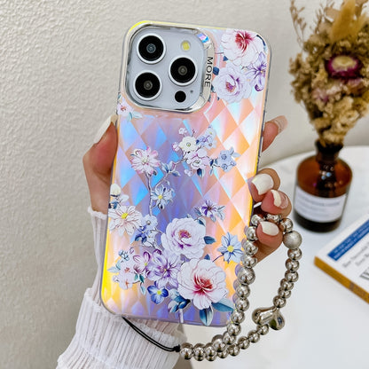 For iPhone 16 Pro Electroplating Laser Flower Phone Case with Wrist Strap(Rose AH15) - iPhone 16 Pro Cases by buy2fix | Online Shopping UK | buy2fix