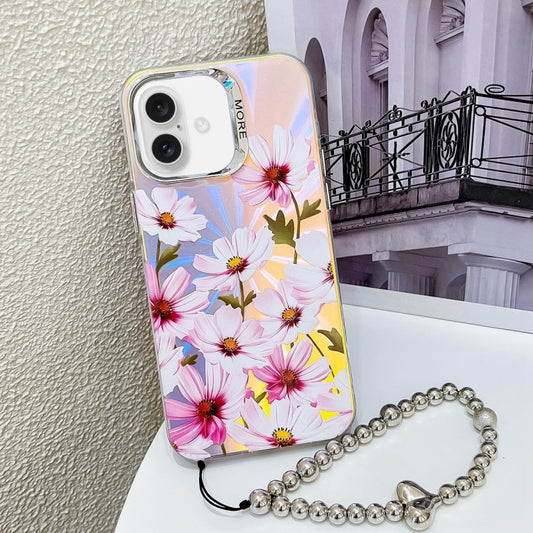 For iPhone 16 Electroplating Laser Flower Phone Case with Wrist Strap(Cosmos Flower AH7) - iPhone 16 Cases by buy2fix | Online Shopping UK | buy2fix