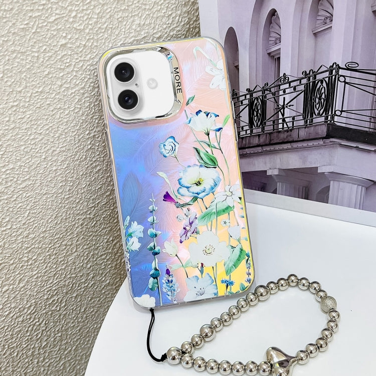 For iPhone 16 Electroplating Laser Flower Phone Case with Wrist Strap(Blue Flower AH8) - iPhone 16 Cases by buy2fix | Online Shopping UK | buy2fix