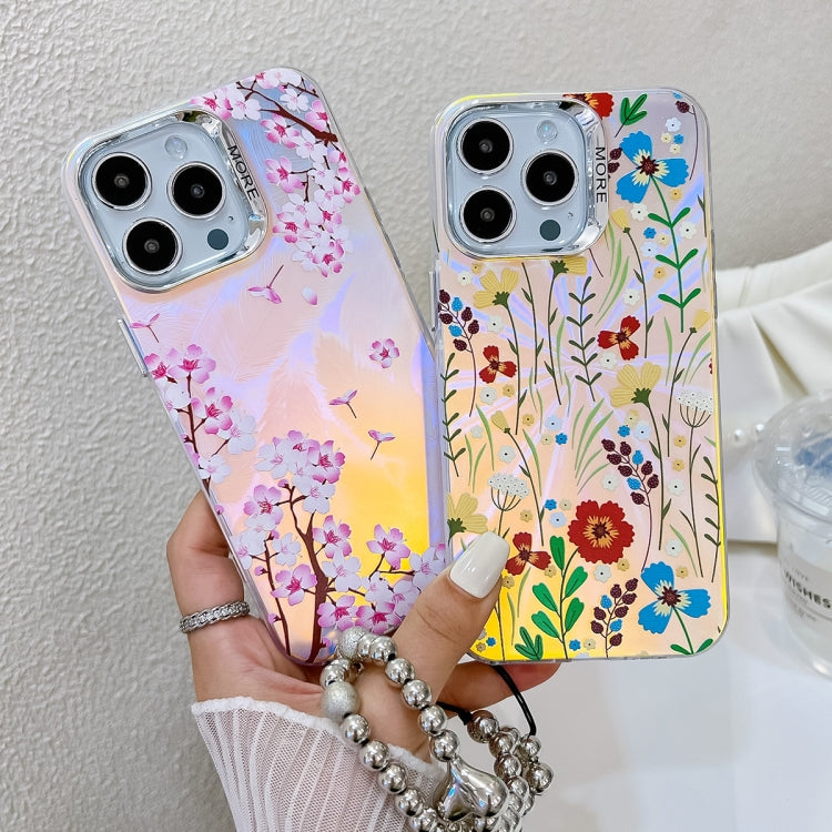 For iPhone 16 Pro Electroplating Laser Flower Phone Case with Wrist Strap(Peach Blossom AH4) - iPhone 16 Pro Cases by buy2fix | Online Shopping UK | buy2fix