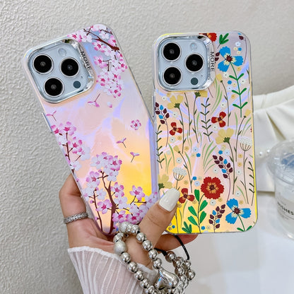 For iPhone 16 Plus Electroplating Laser Flower Phone Case with Wrist Strap(White Flower AH10) - iPhone 16 Plus Cases by buy2fix | Online Shopping UK | buy2fix