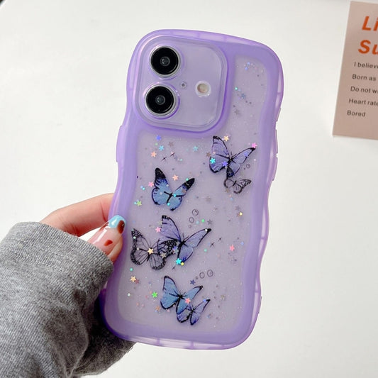 For iPhone 16 Wave Edge Butterfly TPU Hybrid PC Phone Case(Purple) - iPhone 16 Cases by buy2fix | Online Shopping UK | buy2fix